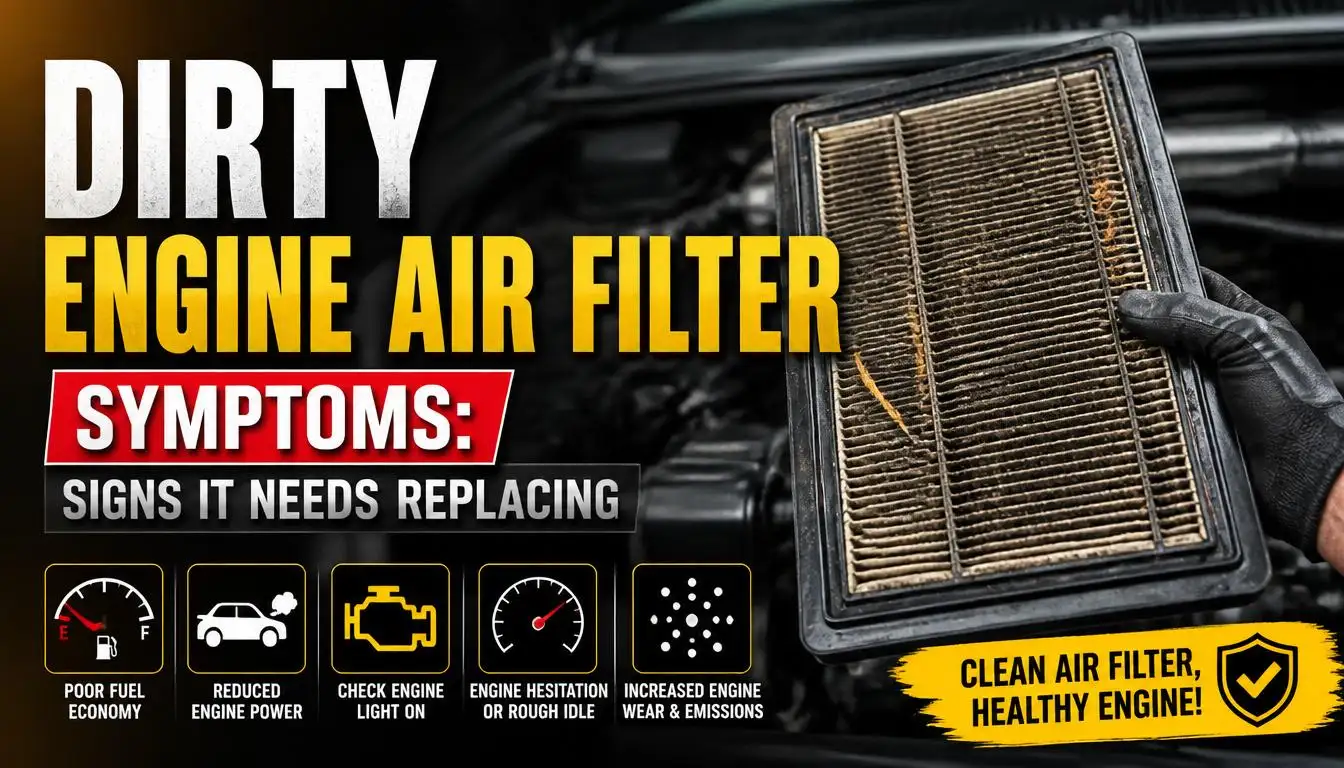 Hands holding a dirty engine air filter next to symptoms of a clogged filter like poor fuel economy and reduced engine power