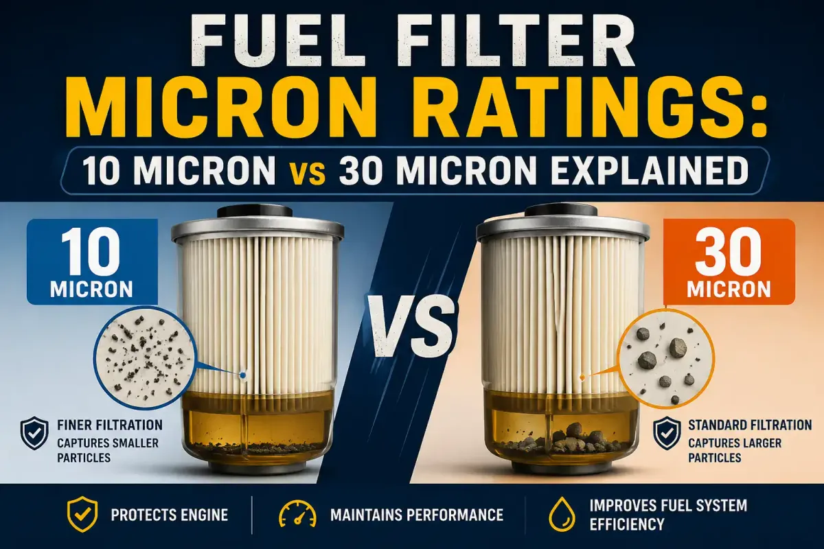 Infographic explaining fuel filter micron ratings, comparing a 10 micron vs 30 micron filter element.