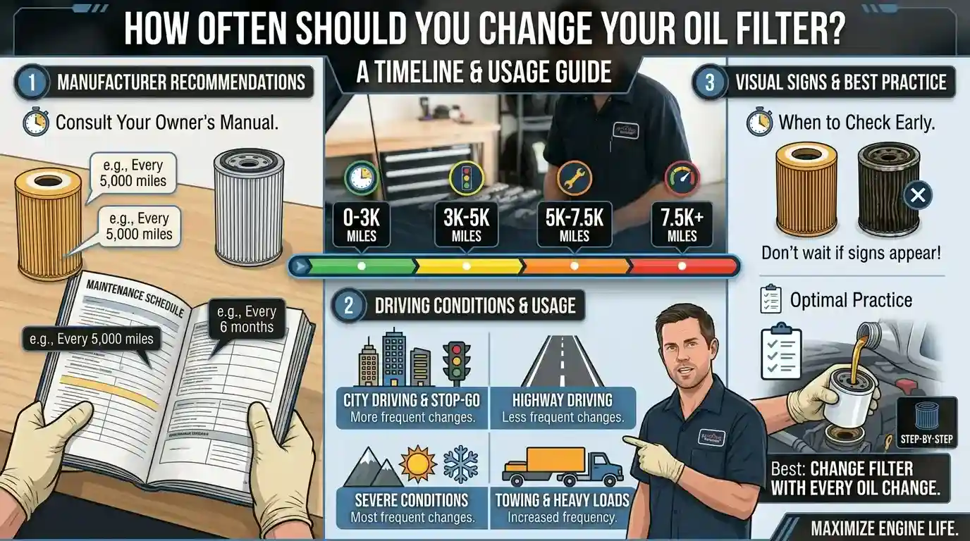 An automotive infographic timeline explaining how often should you change your oil filter based on mileage and driving conditions.