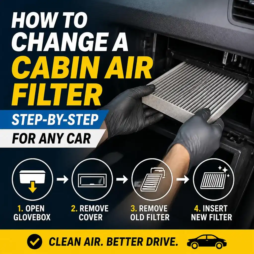 Visual guide showing how to change a cabin air filter in four simple steps for any car