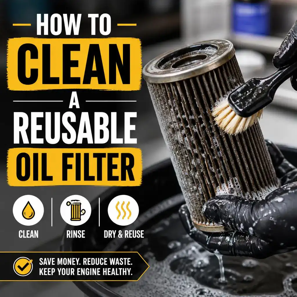 A person wearing black gloves cleaning a mesh cartridge with a brush and soapy water, demonstrating how to clean a reusable oil filter