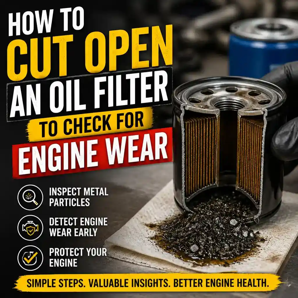 A cut-away view of a car oil filter revealing internal pleats and metal debris on a cloth, demonstrating how to cut open an oil filter to check for engine wear