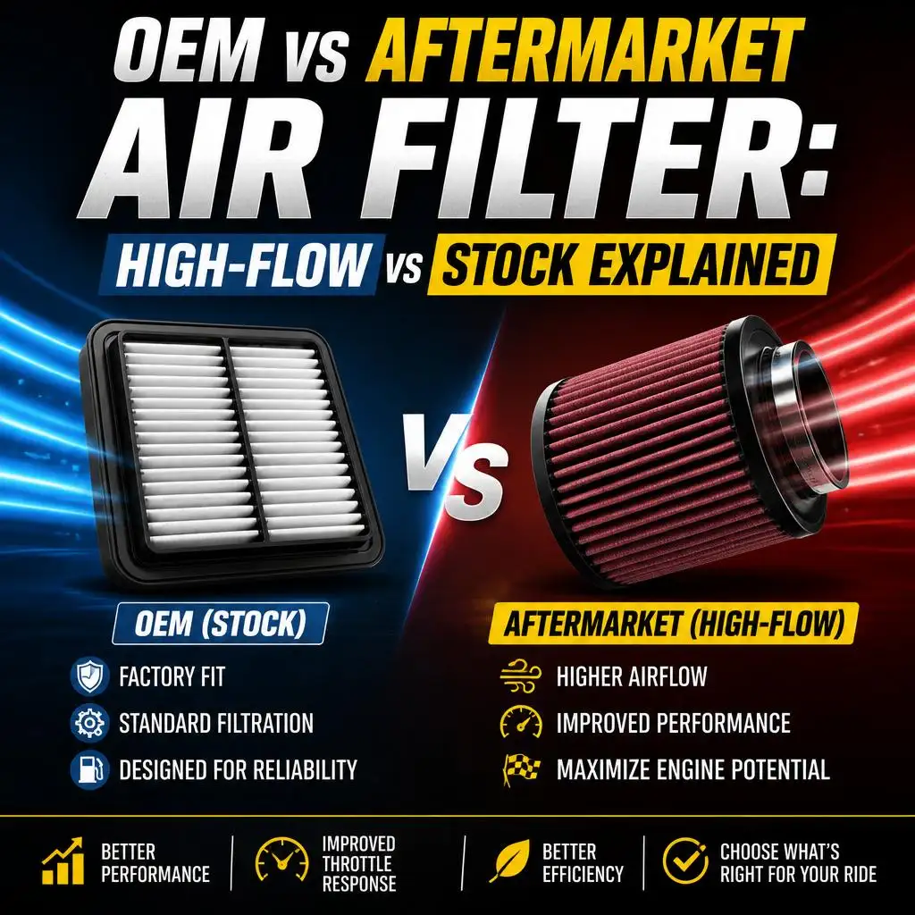 Side-by-side comparison infographic of a stock OEM air filter versus a high-flow aftermarket filter