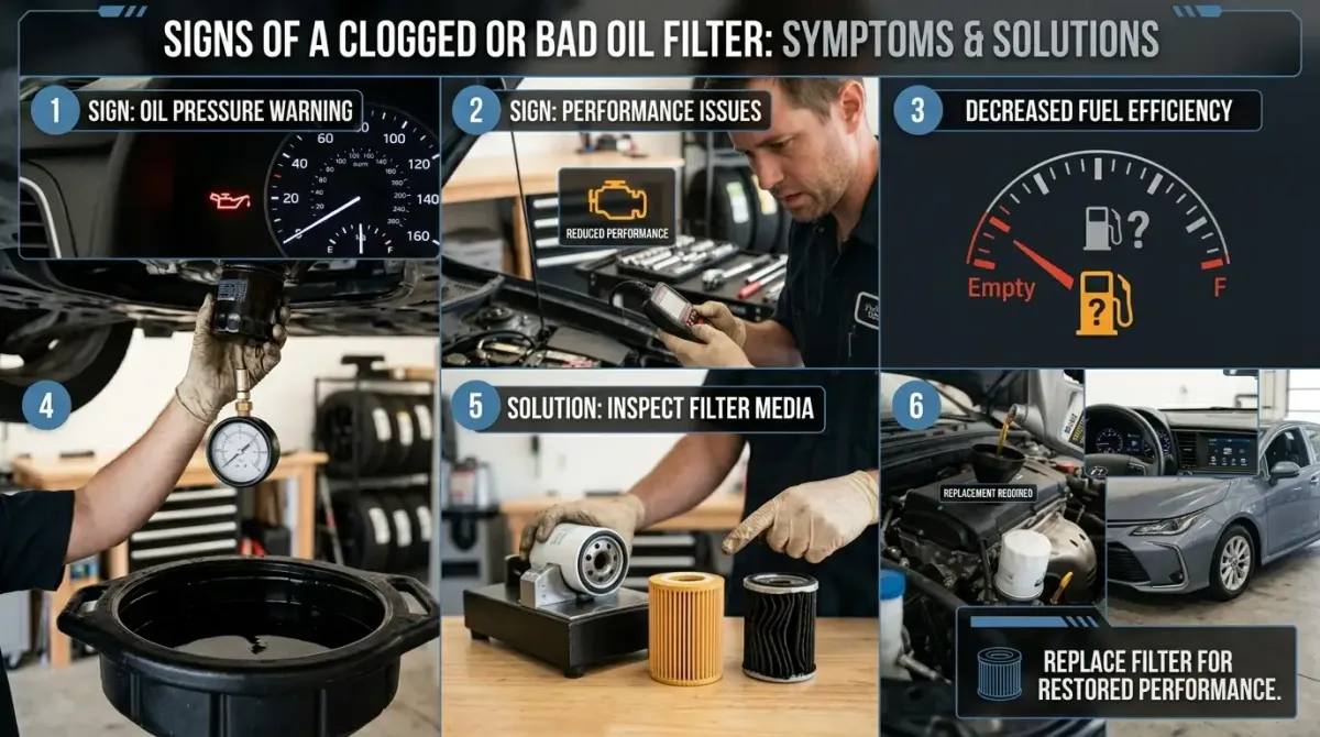 A 6-panel infographic detailing the signs of a clogged or bad oil filter and their solutions