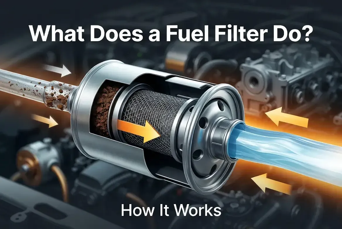 Infographic showing what does a fuel filter do by trapping debris to allow clean fuel flow into the engine.