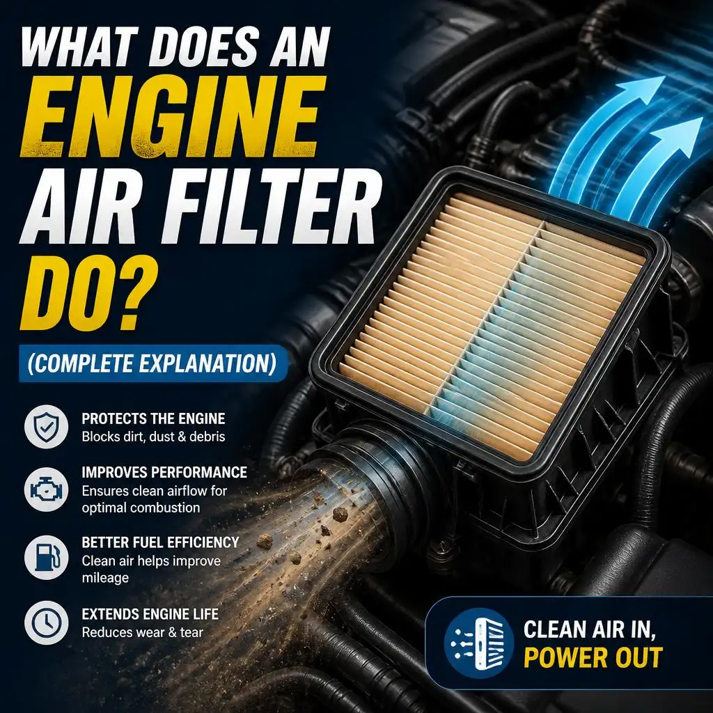 Infographic showing clean air entering a filter housing, illustrating what does an engine air filter do