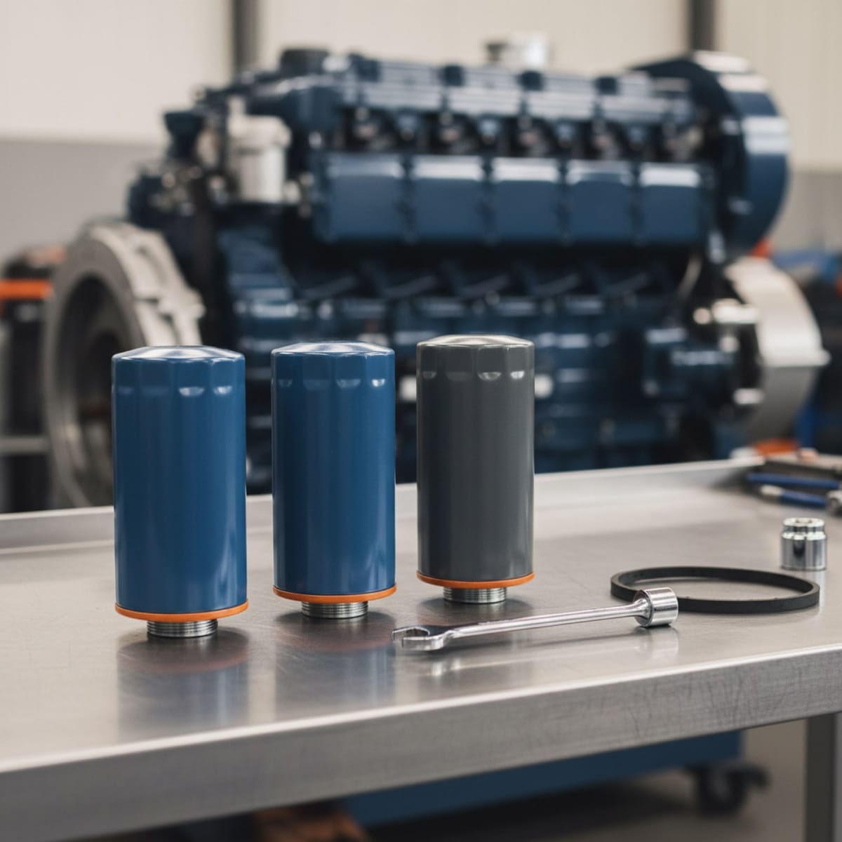 Three unbranded spin-on diesel lube oil filters standing on a workshop bench in front of a diesel engine block