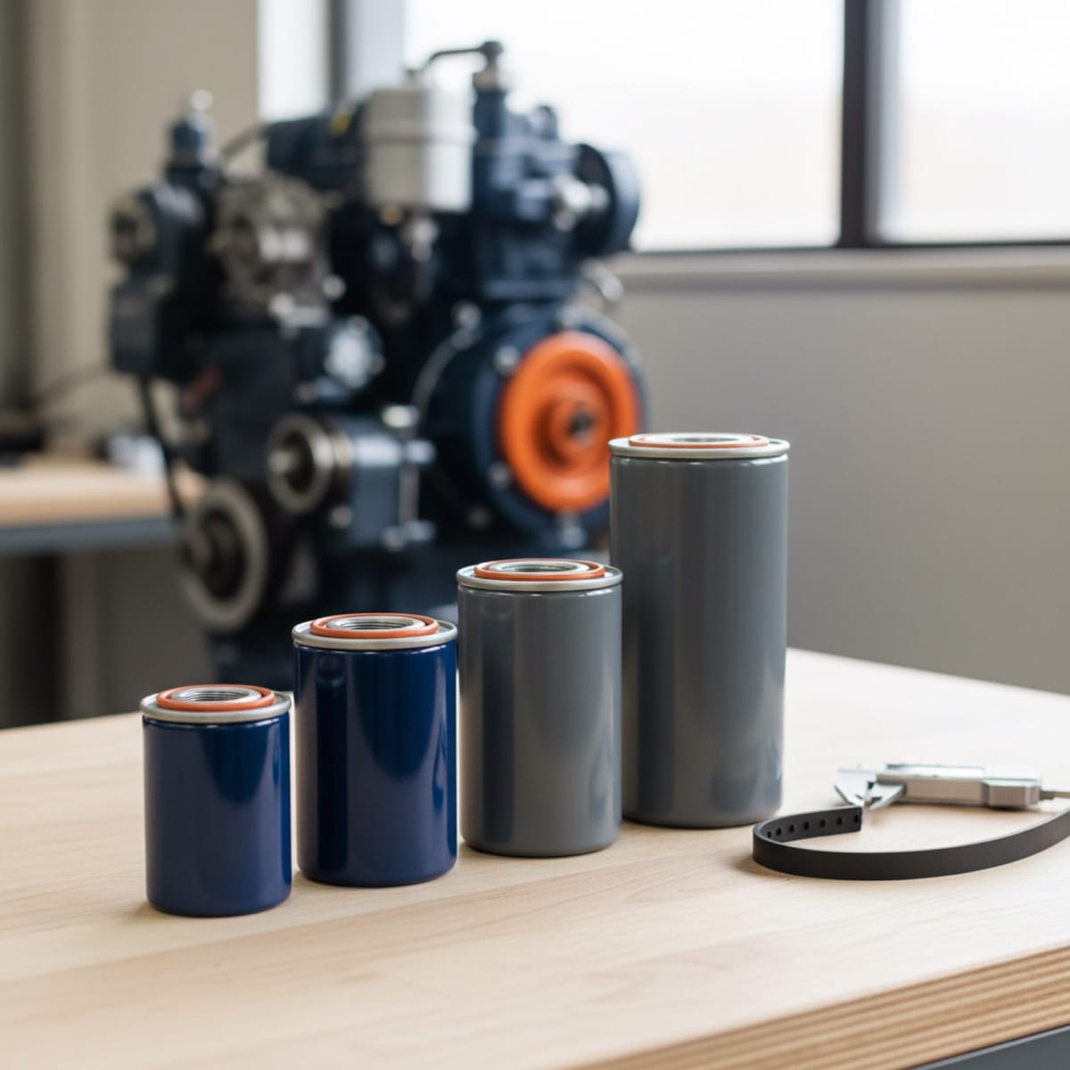 Four unbranded spin-on oil filters of different heights on a workbench in front of a compact three-cylinder diesel engine