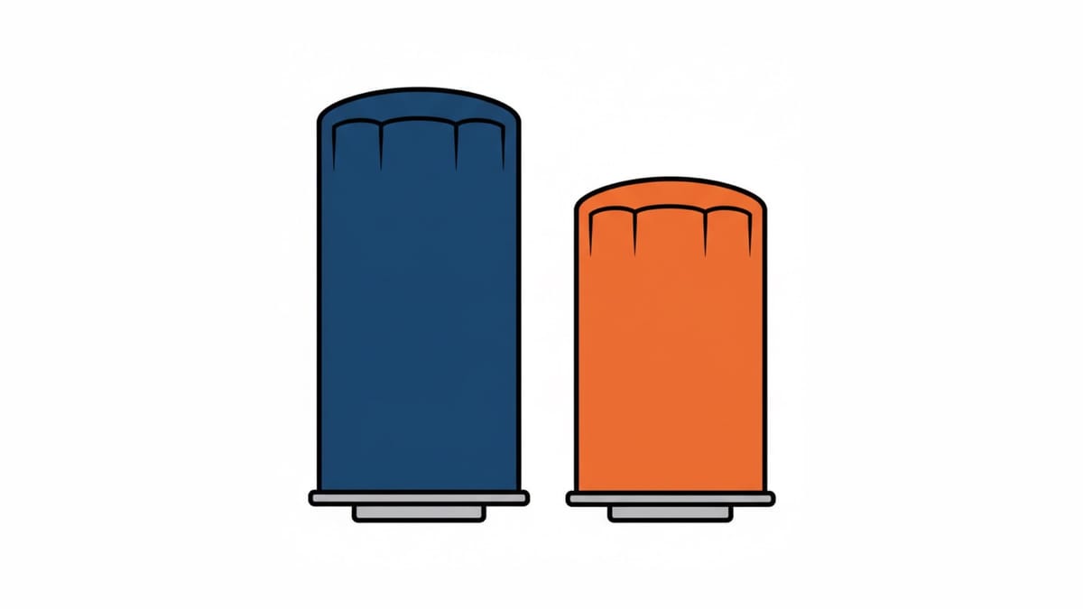 A tall navy spin-on oil filter canister beside a shorter orange one, the two filter sizes the 6.6L Duramax has used