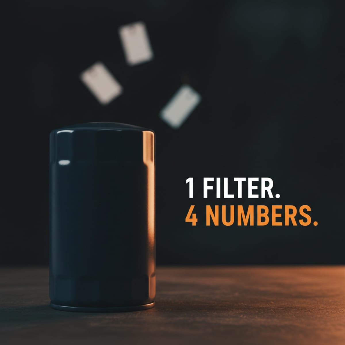 A blank spin-on oil filter on a dark bench beside the words 1 FILTER. 4 NUMBERS.
