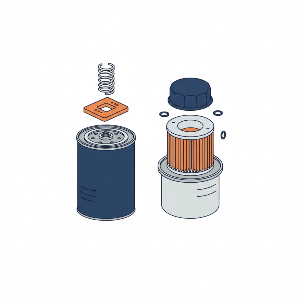 Exploded view of a Toyota spin-on oil filter canister next to a cartridge oil filter element and housing cap