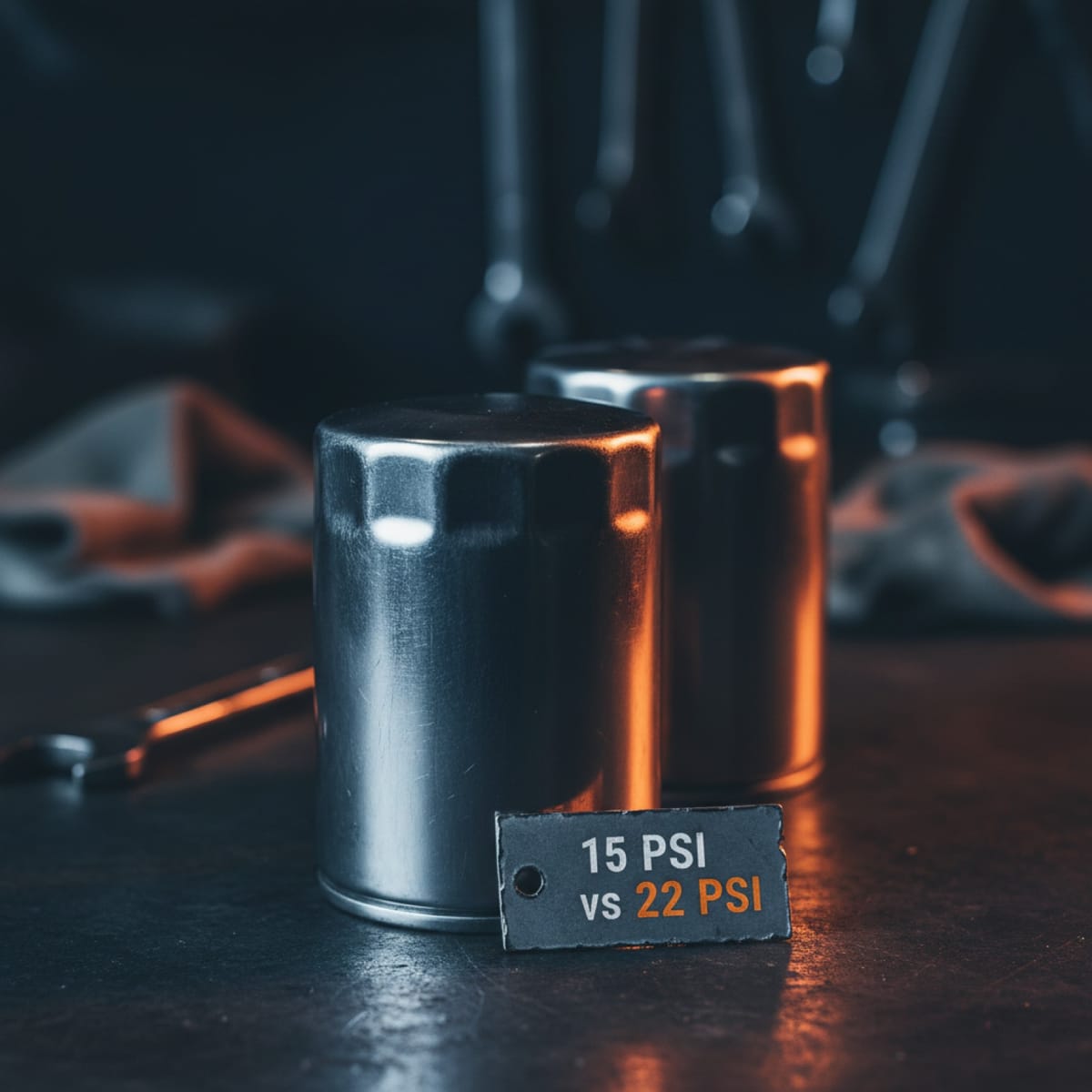 Two blank oil filter canisters on a dark workbench, tagged 15 PSI vs 22 PSI to show the bypass pressure difference between similar-looking ACDelco filters