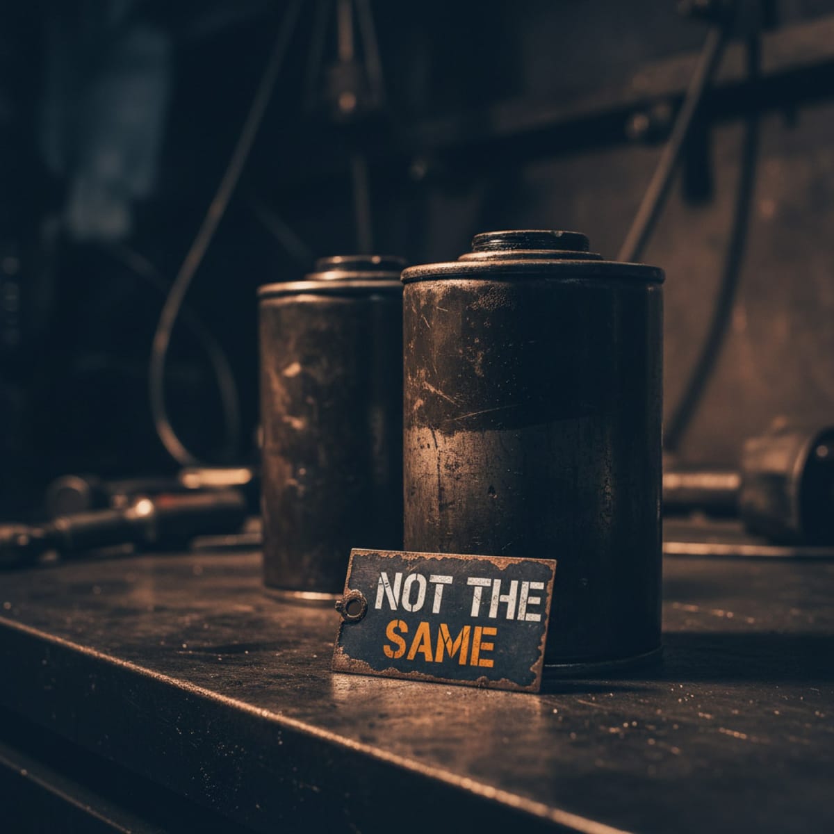 Two dark diesel oil filter canisters on a workbench with a shop tag reading Not The Same, illustrating that Fleetguard LF3000 and LF9009 are different filters despite matching dimensions