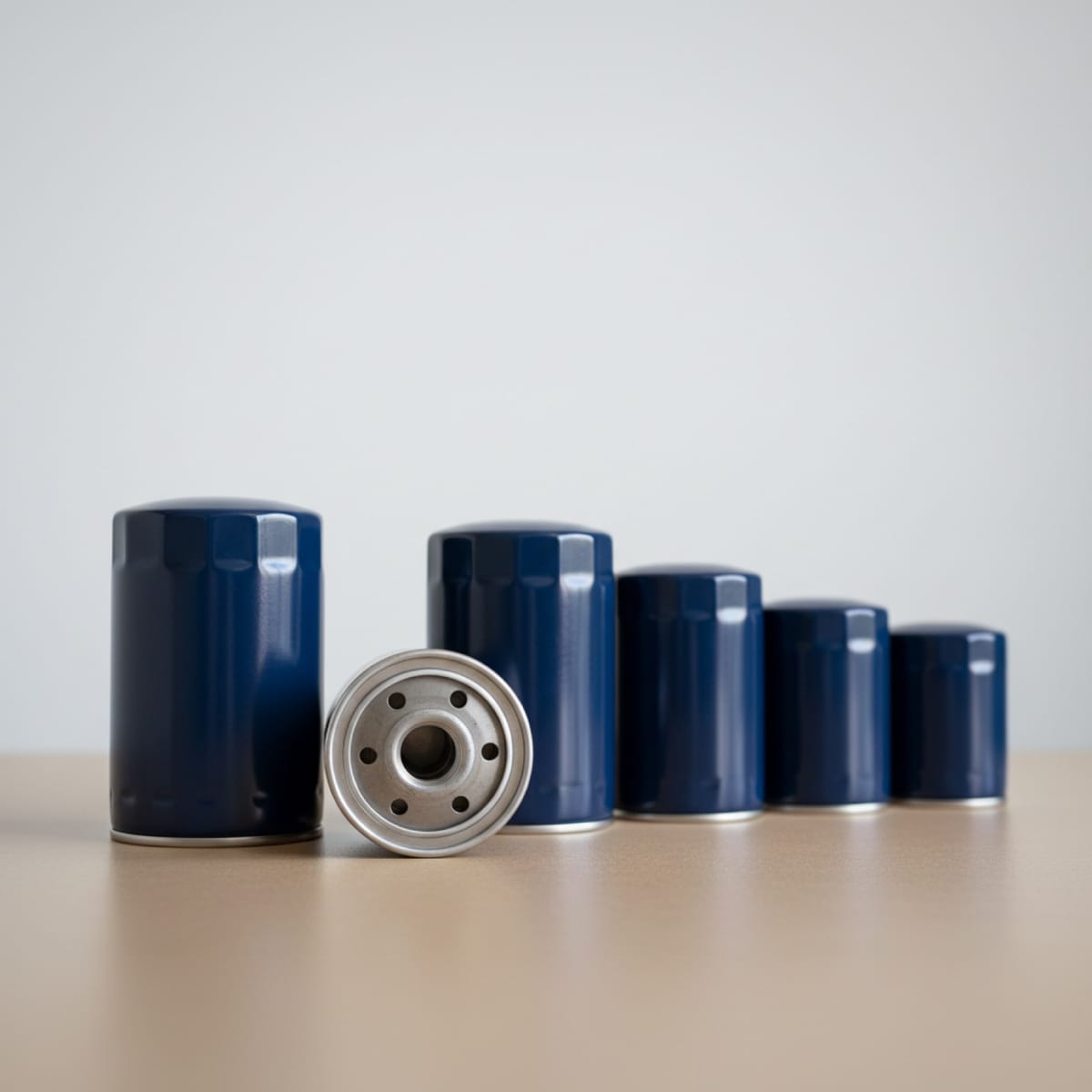 A row of unlabelled spin-on oil filter canisters of decreasing height, with one turned to show its threaded base plate