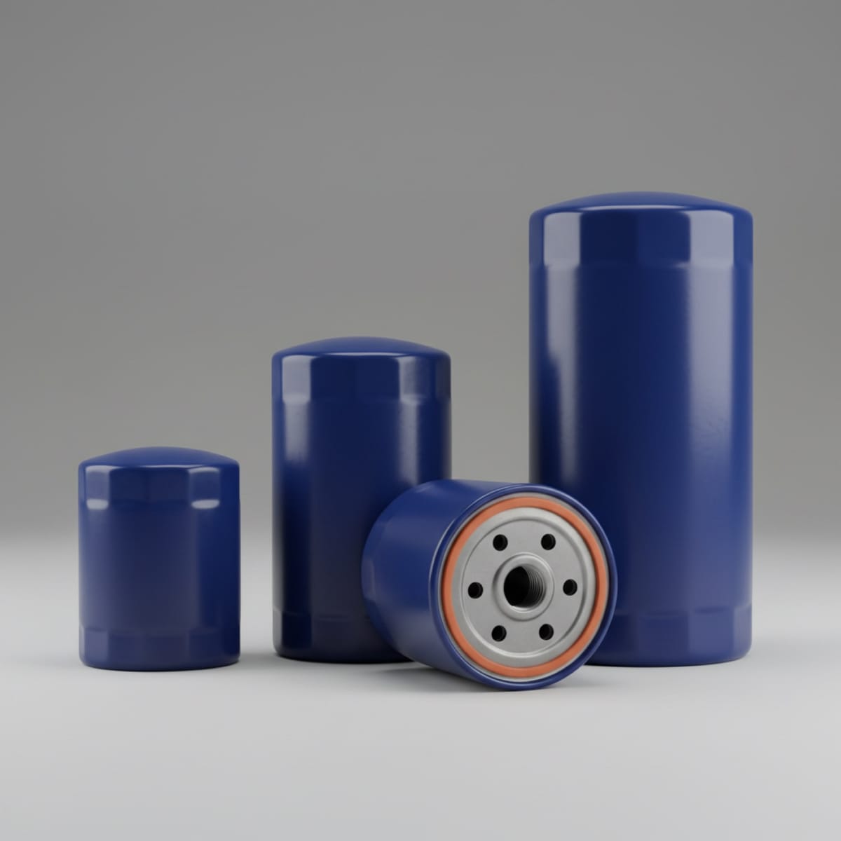 Blue spin-on oil filter canisters of different heights, one tipped to show its threaded base plate and orange sealing gasket