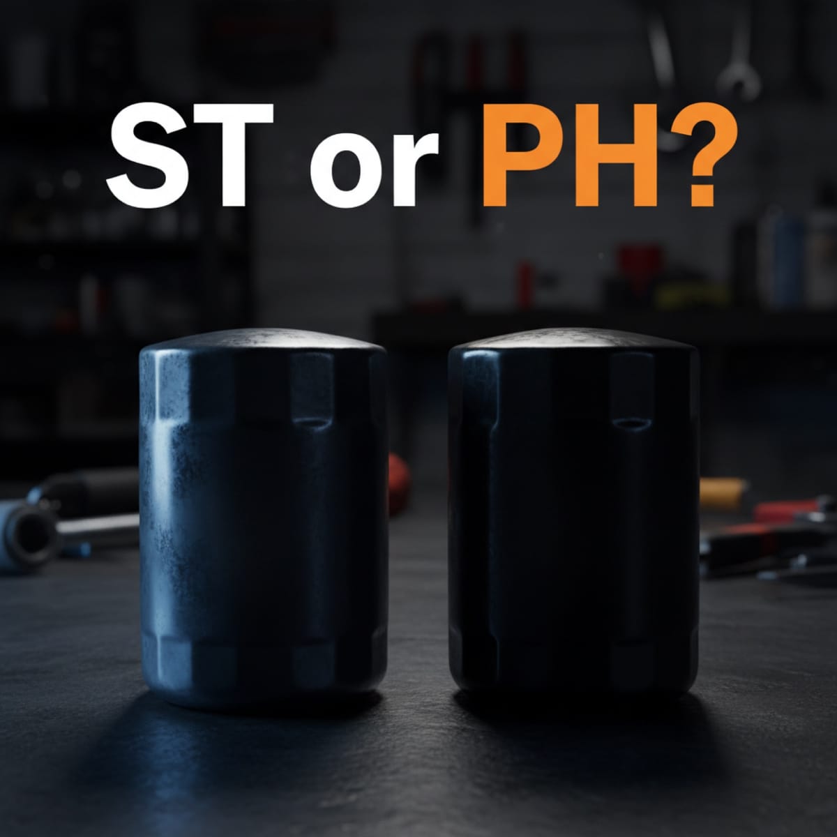 Two blank spin-on oil filter canisters side by side with the words ST or PH above them