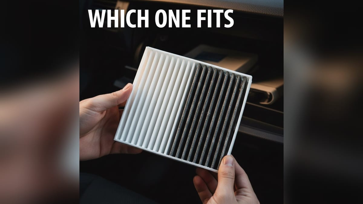 Hands holding a cabin air filter panel, half clean and half grey with dust