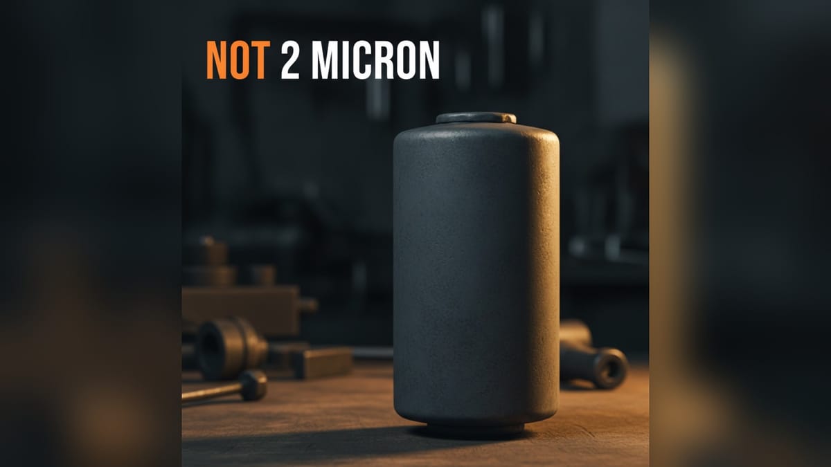An unmarked heavy duty spin-on diesel fuel filter standing on a workshop bench