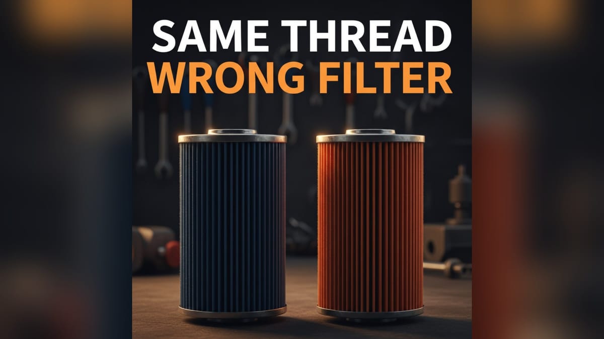 Two identical fuel filter elements side by side in different media colours