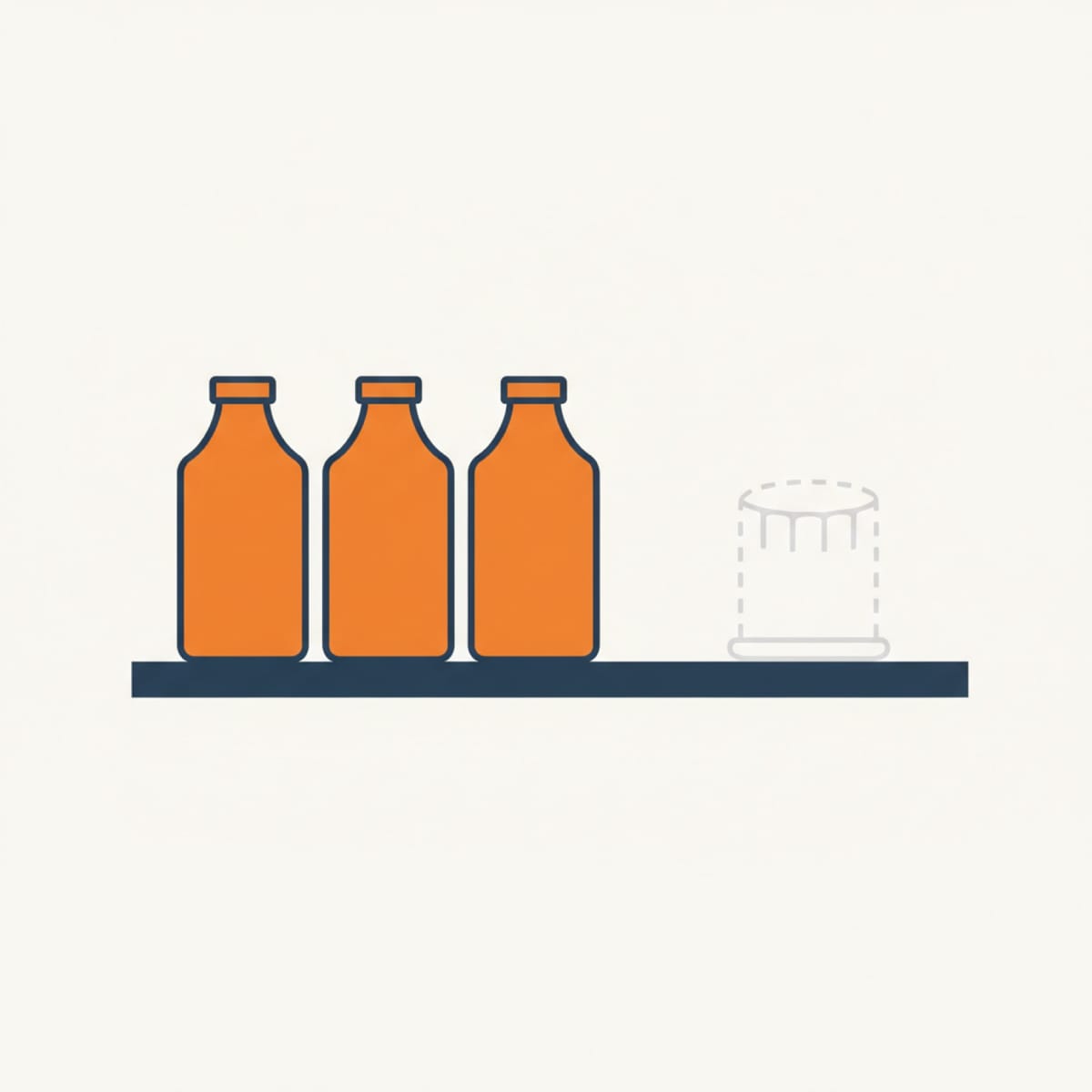 Three motor oil bottles on a shelf beside an empty dashed outline where an oil filter used to be