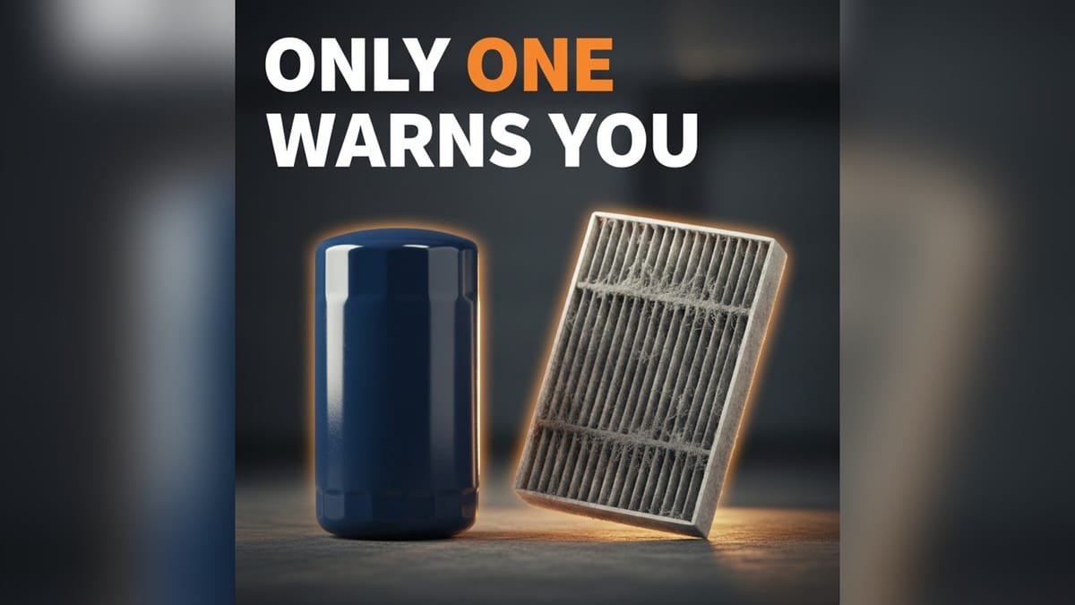 A clean oil filter canister beside a dust-clogged engine air filter panel