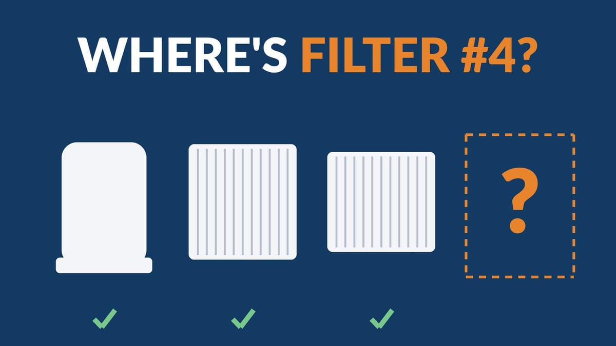Three familiar car filters with a dashed empty slot for the fourth, under the headline Where's Filter #4?