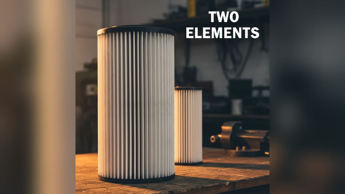 A large unmarked cylindrical air element on a bench with a smaller one behind it