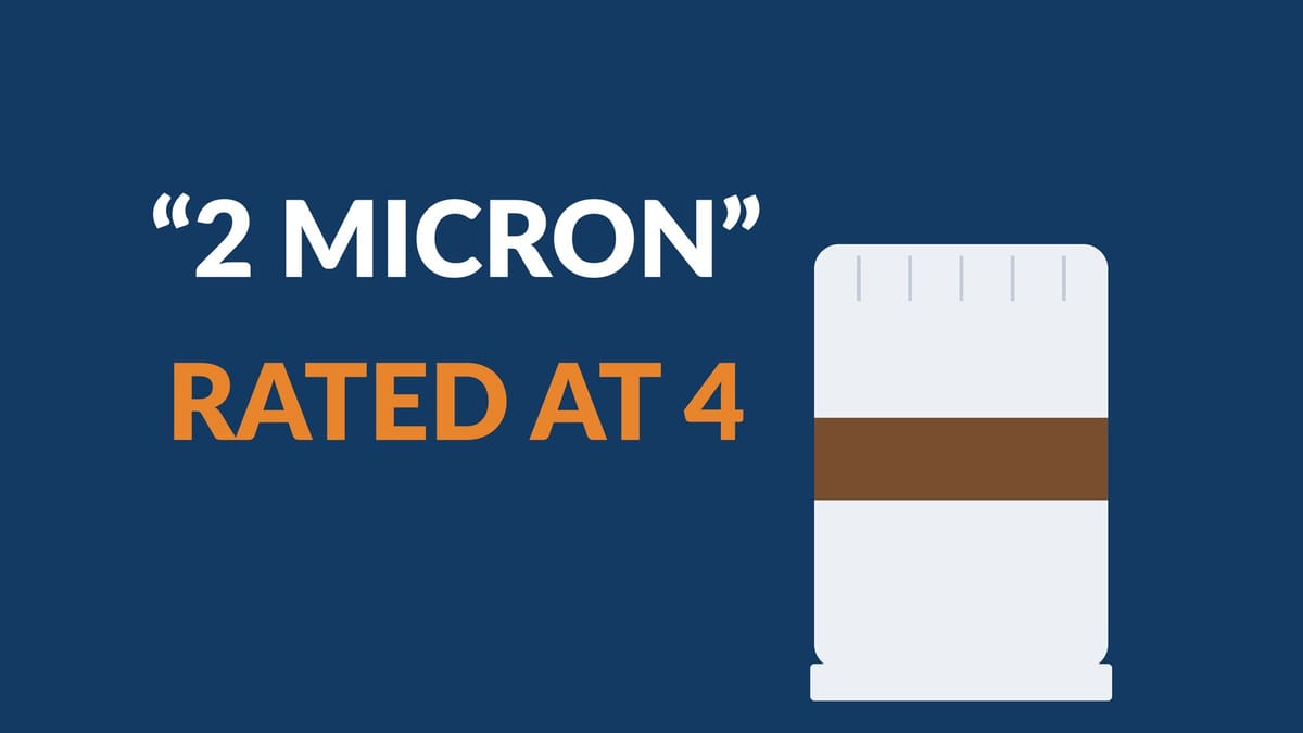 A fuel filter element with a brown band beside the words 2 micron, rated at 4