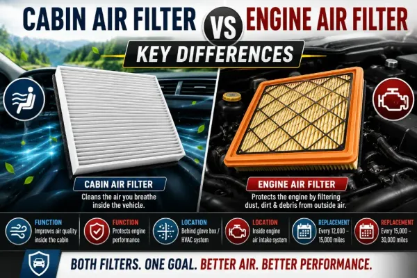 Infographic showing key differences between a cabin air filter vs engine air filter