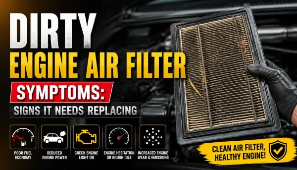 Hands holding a dirty engine air filter next to symptoms of a clogged filter like poor fuel economy and reduced engine power