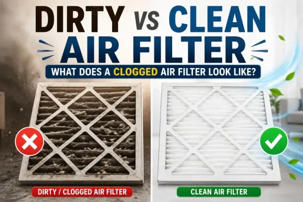 Side-by-side comparison showing a dirty vs clean air filter