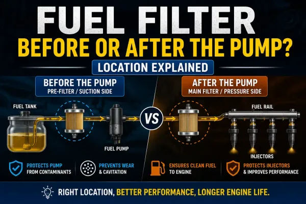 Infographic explaining fuel filter placement, comparing a pre-filter before the pump to a main filter after the pump.