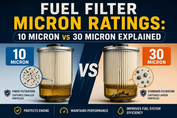 Infographic explaining fuel filter micron ratings, comparing a 10 micron vs 30 micron filter element.
