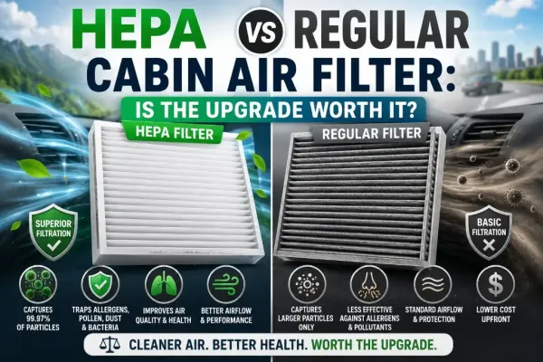 Infographic comparing a HEPA vs regular cabin air filter