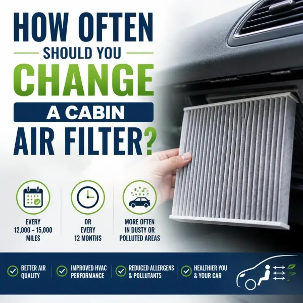 An infographic explaining how often to change a cabin air filter, showing a person replacing the filter inside a car dashboard