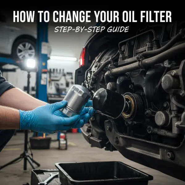 Person in blue gloves holding a new and old oil filter next to a car engine, illustrating the process of changing an oil filter
