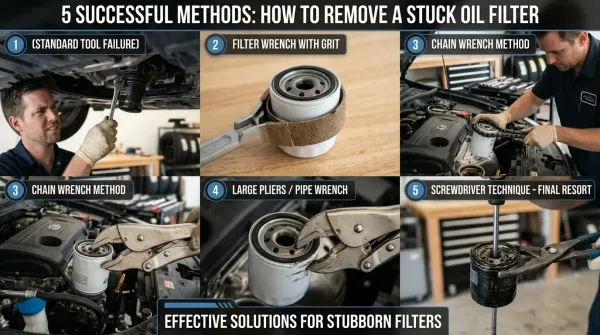 A 6-panel infographic showing 5 methods on how to remove a stuck oil filter.