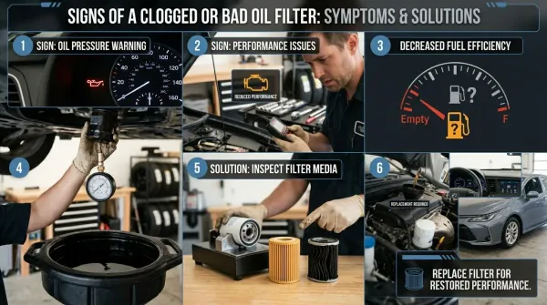 A 6-panel infographic detailing the signs of a clogged or bad oil filter and their solutions