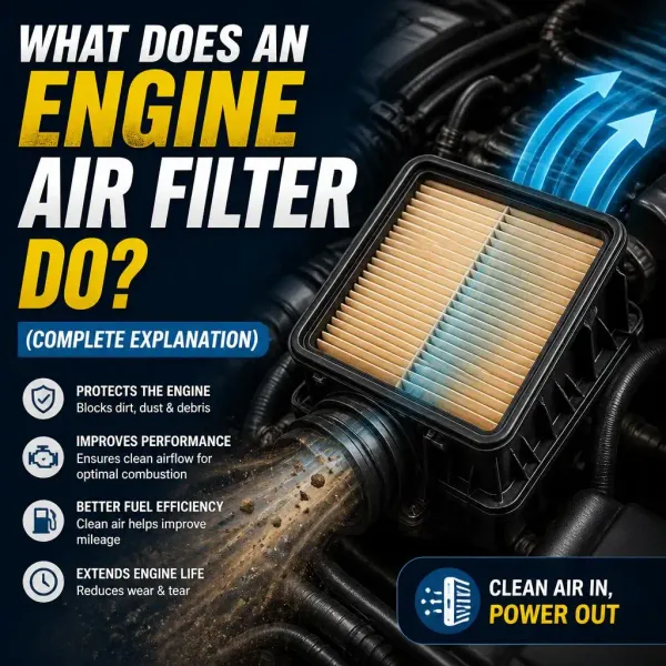 Infographic showing clean air entering a filter housing, illustrating what does an engine air filter do