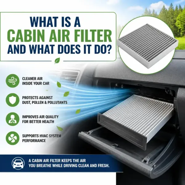 Infographic explaining what is a cabin air filter and how it protects against dust and pollutants.