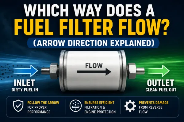 Fuel filter flow direction with inlet and outlet arrow explained.