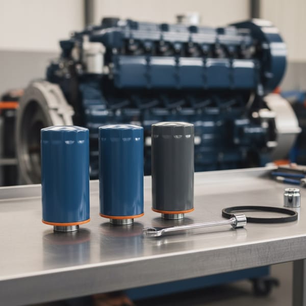 Three unbranded spin-on diesel lube oil filters standing on a workshop bench in front of a diesel engine block