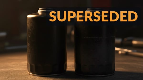 Two black spin-on diesel oil filter canisters side by side on a workshop bench under the word SUPERSEDED