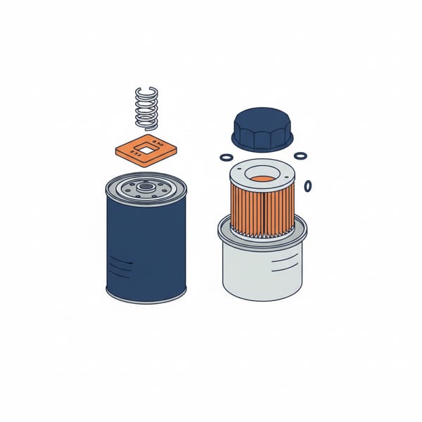 Exploded view of a Toyota spin-on oil filter canister next to a cartridge oil filter element and housing cap