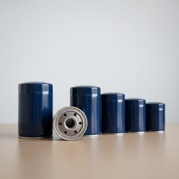 A row of unlabelled spin-on oil filter canisters of decreasing height, with one turned to show its threaded base plate