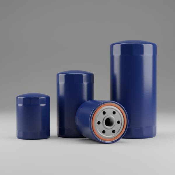 Blue spin-on oil filter canisters of different heights, one tipped to show its threaded base plate and orange sealing gasket