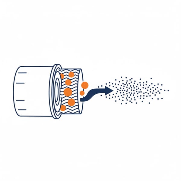 Cross-section of an oil filter holding large particles in its pleats while a fine mist of much smaller particles flows straight past
