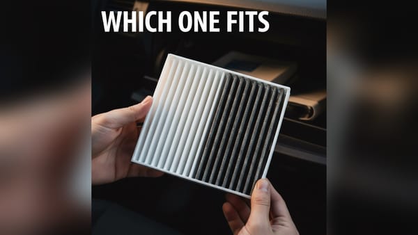 Hands holding a cabin air filter panel, half clean and half grey with dust
