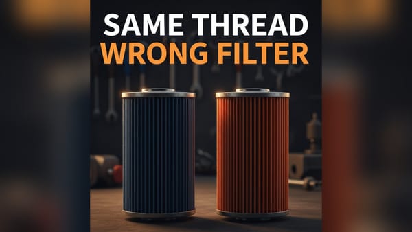 Two identical fuel filter elements side by side in different media colours