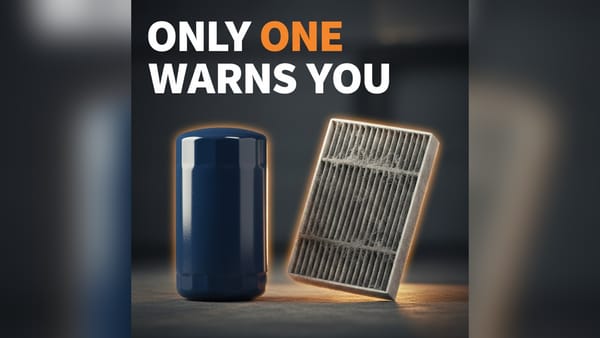 A clean oil filter canister beside a dust-clogged engine air filter panel